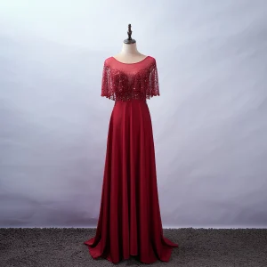 Élégant Bordeaux Robe De Soirée 2020 Princesse Encolure Dégagée Perlage Faux Diamant Paillettes En Dentelle Fleur Manches Courtes Dos Nu Train De Balayage Robe De Ceremonie