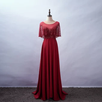 Élégant Bordeaux Robe De Soirée 2020 Princesse Encolure Dégagée Perlage Faux Diamant Paillettes En Dentelle Fleur Manches Courtes Dos Nu Train De Balayage Robe De Ceremonie