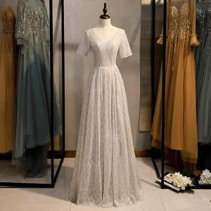 Scintillantes Argenté Gris Glitter Robe De Soirée 2020 Princesse V Cou Paillettes Manches Courtes Dos Nu Longue Robe De Ceremonie