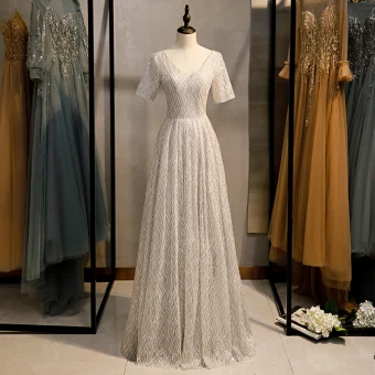 Scintillantes Argenté Gris Glitter Robe De Soirée 2020 Princesse V Cou Paillettes Manches Courtes Dos Nu Longue Robe De Ceremonie