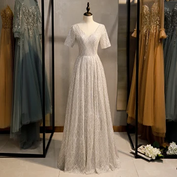 Scintillantes Argenté Gris Glitter Robe De Soirée 2020 Princesse V Cou Paillettes Manches Courtes Dos Nu Longue Robe De Ceremonie