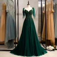 Elegante Verde Oscuro Vestidos de noche 2020 A-Line / Princess Sin Mangas Rebordear Con Encaje Lentejuelas Spaghetti Straps Sin Espalda Colas De Barrido Vestidos Formales