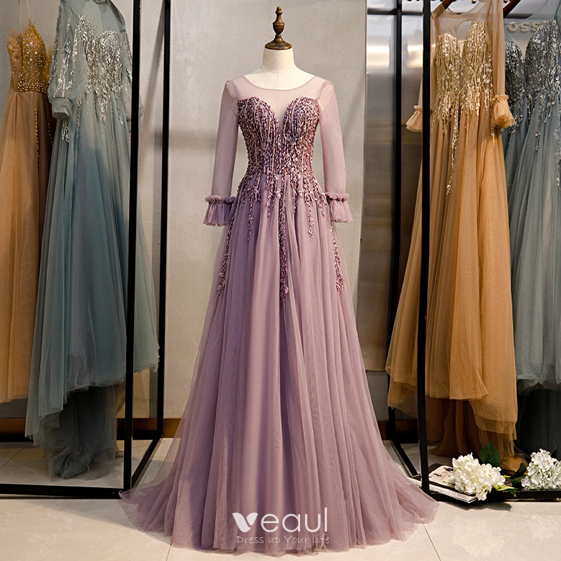 Elegant Lilac Prom Dresses 2020 A-Line / Princess Scoop Neck Beading Lace Crystal Long Sleeve Backless Sweep Train Formal Dresses