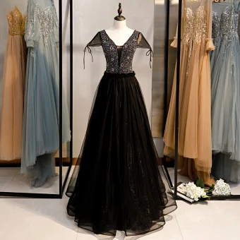 Élégant Noire Robe De Bal 2020 Princesse V Cou Perlage Mancherons Dos Nu Longue Robe De Ceremonie