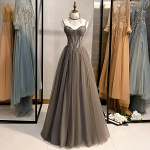 Chic Beautiful Grey Evening Dresses 2020 A Line Princess Spaghetti Straps Beading Tassel Crystal Sleeveless Backless Floor Length Long Formal Dresses