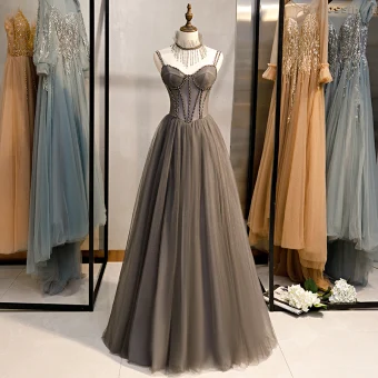 Chic Beautiful Grey Evening Dresses 2020 A Line Princess Spaghetti Straps Beading Tassel Crystal Sleeveless Backless Floor Length Long Formal Dresses