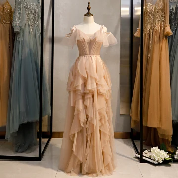 Fashion Champagne Evening Dresses 2020 A Line Princess Spaghetti Straps Sleeveless Backless Cascading Ruffles Floor Length Long Formal Dresses
