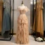 Mode Champagne Robe De Soirée 2020 Princesse Bretelles Spaghetti Sans Manches Dos Nu Volants en Cascade Longue Robe De Ceremonie