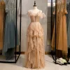 Fashion Champagne Evening Dresses  2020 A-Line / Princess Spaghetti Straps Sleeveless Backless Cascading Ruffles Floor-Length / Long Formal Dresses