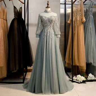 Vintage Retro Grey Prom Dresses 2020 A Line Princess High Neck Beading Rhinestone Lace Flower Long Sleeve Backless Sweep Train Formal Dresses