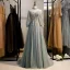 Vintage / Retro Grey Prom Dresses 2020 A-Line / Princess High Neck Beading Rhinestone Lace Flower Long Sleeve Backless Sweep Train Formal Dresses