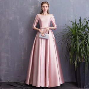 Chic Beautiful Candy Pink Evening Dresses 2018 A Line Princess Bow Pearl Scoop Neck Backless 3 4 Sleeve Floor Length Long Formal Dresses