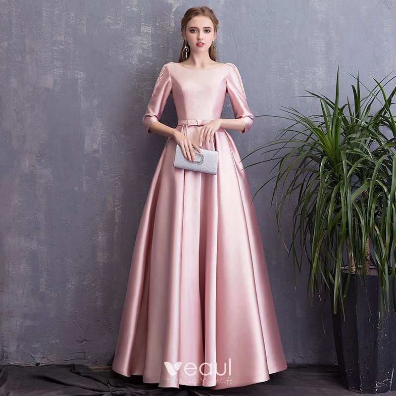 Chic Beautiful Candy Pink Evening Dresses 2018 A Line Princess Bow Pearl Scoop Neck Backless 3 4 Sleeve Floor Length Long Formal Dresses