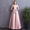Chic / Belle Rose Bonbon Robe De Soirée 2018 Princesse Noeud Perle Encolure Dégagée Dos Nu 3/4 Manches Longue Robe De Ceremonie