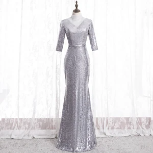 Scintillantes Argenté Robe De Soirée 2020 Trompette Sirène Col Haut Faux Diamant Paillettes 3 4 Manches Dos Nu Longue Robe De Ceremonie