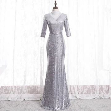 Scintillantes Argenté Robe De Soirée 2020 Trompette Sirène Col Haut Faux Diamant Paillettes 3 4 Manches Dos Nu Longue Robe De Ceremonie