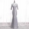 Sparkly Silver Evening Dresses  2020 Trumpet / Mermaid High Neck Rhinestone Sequins 3/4 Sleeve Backless Floor-Length / Long Formal Dresses