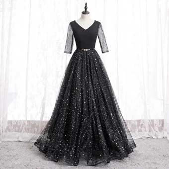 Mode Noire Robe De Bal 2020 Princesse V Cou Étoile Paillettes Faux Diamant 3 4 Manches Dos Nu Longue Robe De Ceremonie
