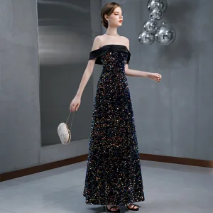 Charmant Bleu Marine Multi Couleurs Paillettes Robe De Soirée 2020 Princesse De L 039 Épaule Sans Manches Dos Nu Longue Robe De Ceremonie