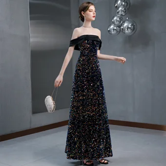 Charmant Bleu Marine Multi Couleurs Paillettes Robe De Soirée 2020 Princesse De L 039 Épaule Sans Manches Dos Nu Longue Robe De Ceremonie