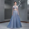 Chic / Belle Bleu Ciel Robe De Soirée 2020 Princesse Encolure Dégagée Perlage Appliques Paillettes Manches Courtes Longue Robe De Ceremonie