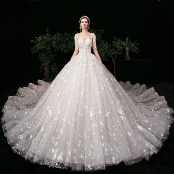 Haut De Gamme Ivoire Robe De Mariée 2020 Robe Boule Encolure Dégagée Perlage Faux Diamant En Dentelle Fleur Manches Longues Dos Nu Royal Train