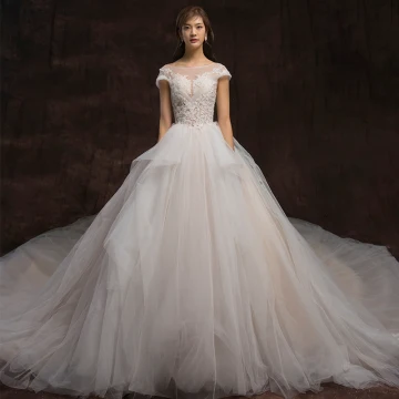 High End Champagne Wedding Dresses 2020 Ball Gown Scoop Neck Beading Lace Flower Cap Sleeves Backless Cathedral Train