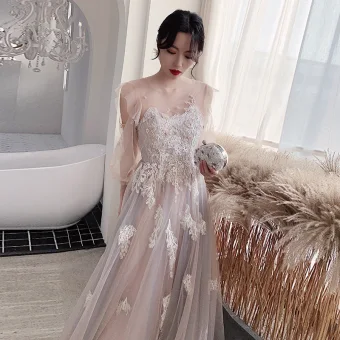 Fashion Blushing Pink Evening Dresses 2020 A Line Princess Scoop Neck Beading Lace Flower Long Sleeve Backless Floor Length Long Formal Dresses