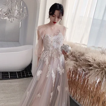 Mode Rougissant Rose Robe De Soirée 2020 Princesse Encolure Dégagée Perlage En Dentelle Fleur Manches Longues Dos Nu Longue Robe De Ceremonie
