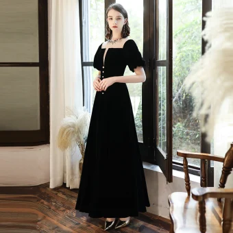 Vintage Retro Black Homecoming Graduation Dresses 2020 A Line Princess Suede Scoop Neck Rhinestone Short Sleeve Backless Floor Length Long Formal Dresses