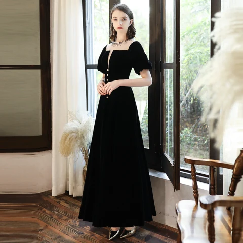 Vintage / Retro Black Homecoming Graduation Dresses 2020 A-Line / Princess Suede Scoop Neck Rhinestone Short Sleeve Backless Floor-Length / Long Formal Dresses