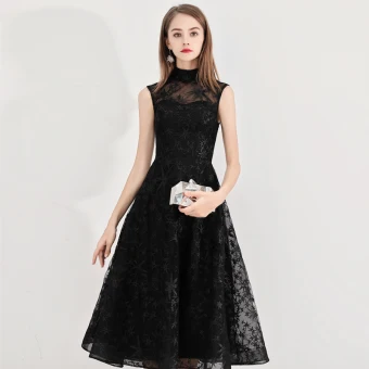 Modest Simple Homecoming Little Black Dress 2020 A Line Princess High Neck Star Lace Sleeveless Knee Length Graduation Dresses