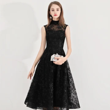 Simple De Retour Robe Noire Courte 2020 Princesse Col Haut Étoile En Dentelle Sans Manches Mi Longues Robe De Graduation