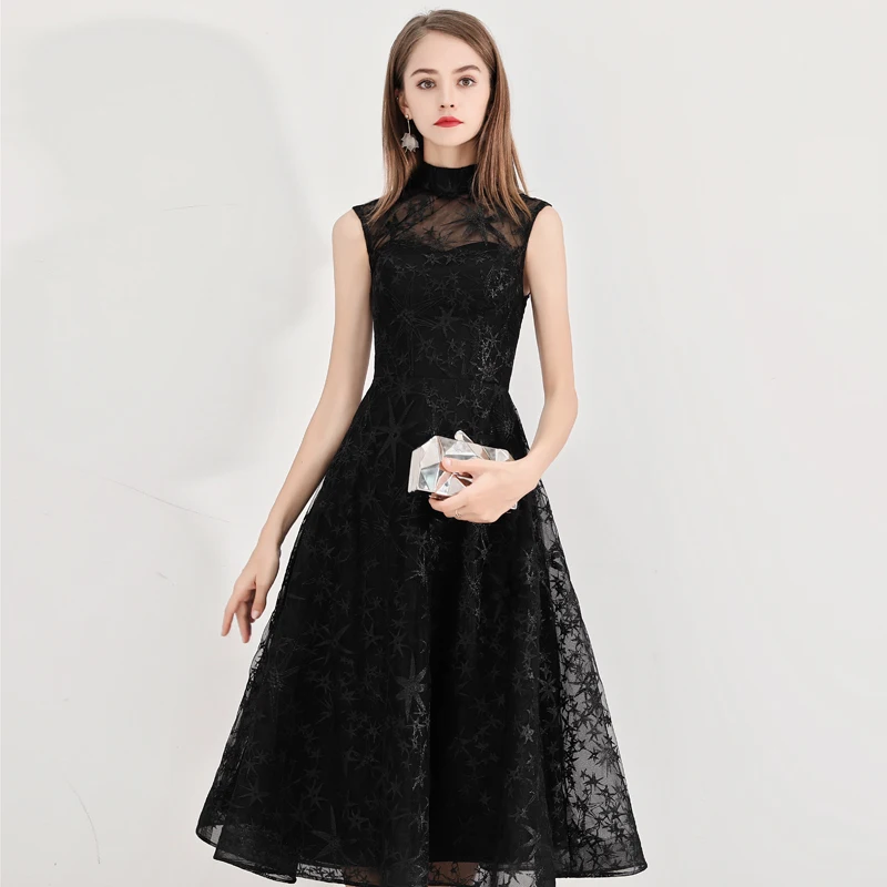 chinese dress ladies Modest A line Straps Black Lace Prom Dresses P1230 – PreppyDress main image 0