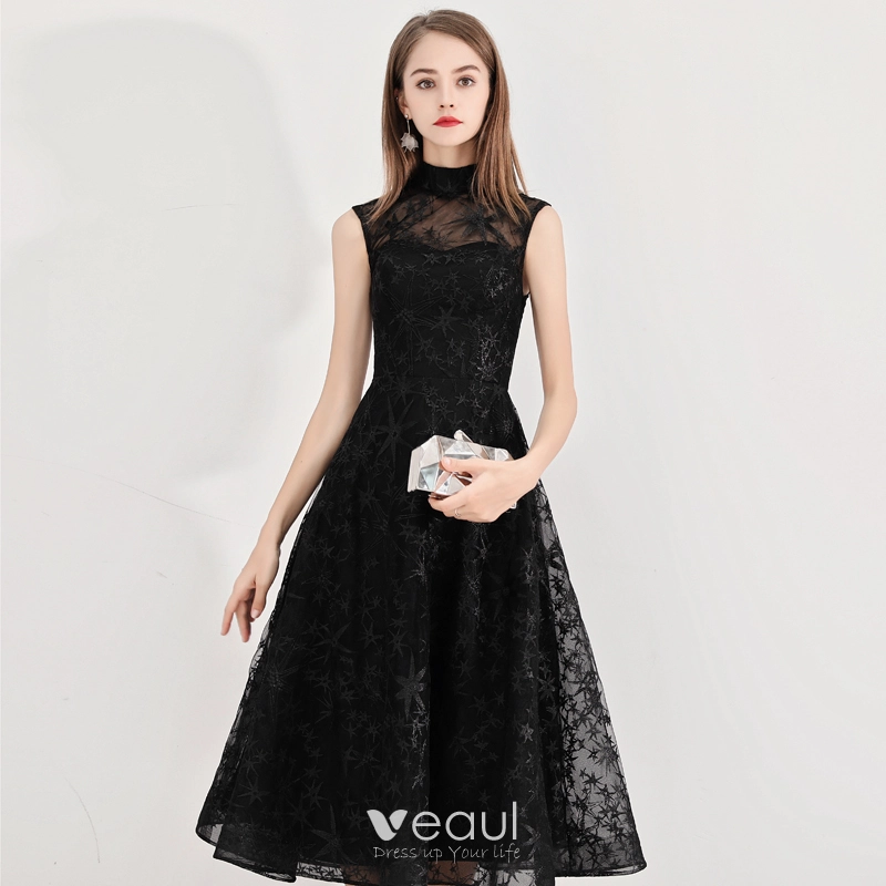 knee length dresses for ladies Retro Short Black Lace Formal Evening Dress Size 24W / Black