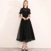 Modest / Simple Homecoming Little Black Dress 2020 A-Line / Princess Bow High Neck Short Sleeve Tea-length Graduation Dresses