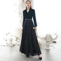 Elegante Negro Vestidos de noche 2020 A-Line / Princess V-Cuello Tassel Lentejuelas Manga Larga Largos Vestidos Formales