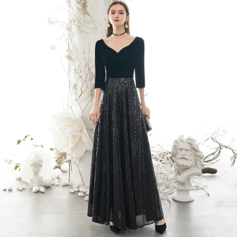 Chic Noire Robe De Soirée 2020 Princesse V Cou Paillettes 1 2 Manches Dos Nu Longue Robe De Ceremonie