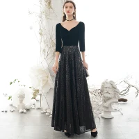 Elegante Negro Vestidos de noche 2020 A-Line / Princess V-Cuello Lentejuelas 1/2 Ærmer Sin Espalda Largos Vestidos Formales