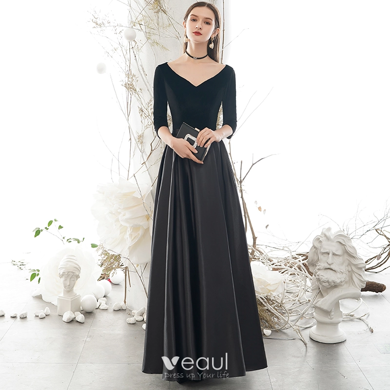 slim fit dress slacks Scoop Neck Satin Floor Length Black Long Sleeve Open Back Prom Dress US4 / Custom Color main image 0