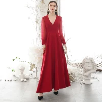 Sencillos Borgoña Vestidos de noche 2020 A-Line / Princess V-cuello Profundo Manchado Manga Larga Largos Vestidos Formales