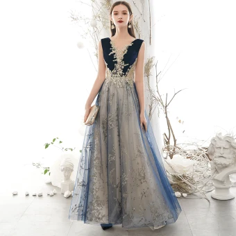 Élégant Bleu Marine Robe De Bal 2020 Princesse Encolure Dégagée Glitter Paillettes En Dentelle Fleur Sans Manches Dos Nu Longue Robe De Ceremonie