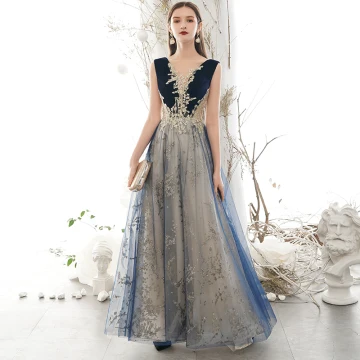 Élégant Bleu Marine Robe De Bal 2020 Princesse Encolure Dégagée Glitter Paillettes En Dentelle Fleur Sans Manches Dos Nu Longue Robe De Ceremonie