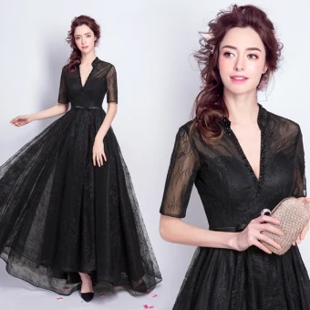 Simple Vintage Originale Noire Robe De Bal 2021 Princesse V Cou Perlage En Dentelle Fleur Manches Courtes Dos Nu Longue Soirée Robe De Ceremonie