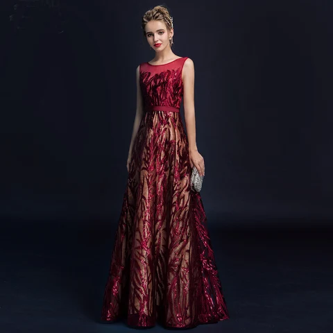 Chic / Belle Bordeaux Robe De Soirée 2018 Princesse En Dentelle Fleur Paillettes Ceinture Encolure Dégagée Dos Nu Sans Manches Longue Robe De Ceremonie