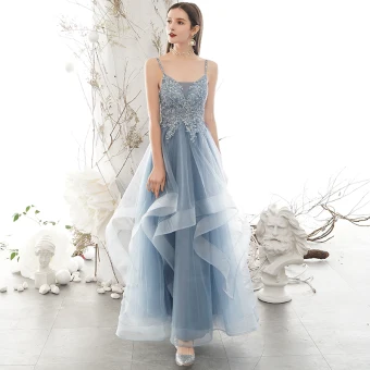 Chic Belle Bleu Ciel Robe De Bal 2020 Princesse Bretelles Spaghetti Faux Diamant En Dentelle Fleur Sans Manches Dos Nu Volants En Cascade Longue Robe De Ceremonie