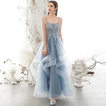 Chic Beautiful Sky Blue Prom Dresses 2020 A Line Princess Spaghetti Straps Rhinestone Lace Flower Sleeveless Backless Cascading Ruffles Floor Length Long Formal Dresses