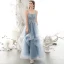 Chic / Beautiful Sky Blue Prom Dresses 2020 A-Line / Princess Spaghetti Straps Rhinestone Lace Flower Sleeveless Backless Cascading Ruffles Floor-Length / Long Formal Dresses