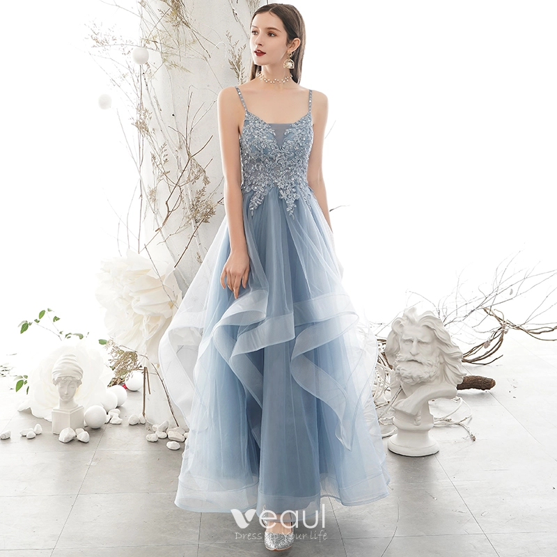 Sky Blue Tulle Long Prom Dresses, 2020 Spaghetti Straps Lace Prom Dresses Sky Blue Tulle Long Prom Dresses, 2020 Spaghetti Straps Lace Prom Dresses