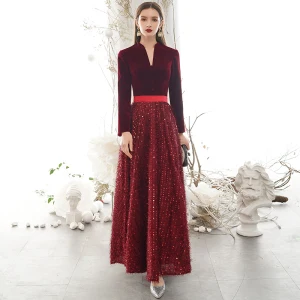Élégant Bordeaux Hiver Robe De Soirée 2020 Princesse V Cou Paillettes Gland Manches Longues Longue Robe De Ceremonie
